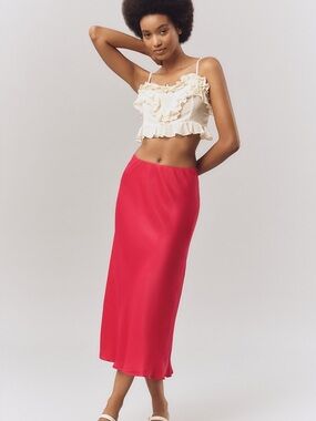 Anthropologie Tilda Midi Slip Skirt in Pink Quartz, Size Petite Medium